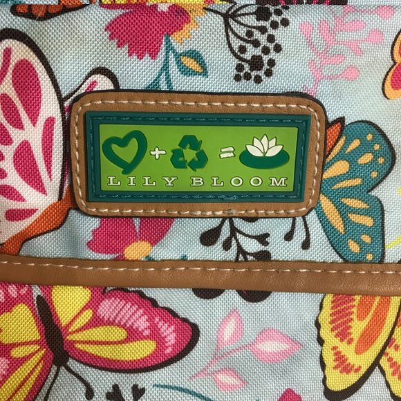 Lily Bloom Butterfly Print Crossbody Bag Tan Trim Pink Lining Pockets 10" x 9" - Picture 2 of 16